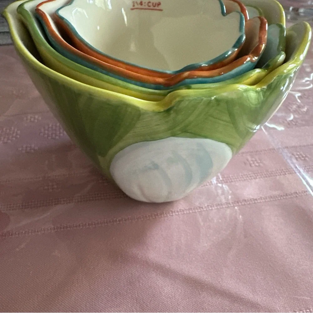 Pier 1 imports set of four measuring cups nesting, hand painted stoneware new
